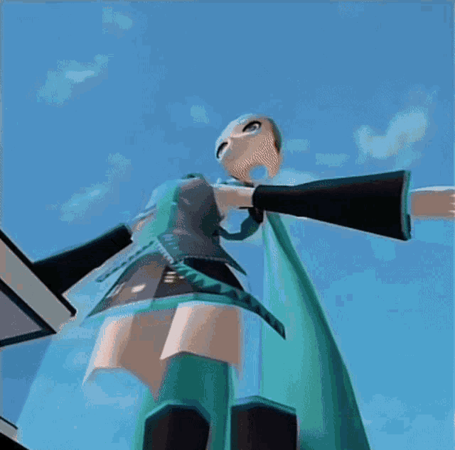 a video game character is standing on top of a building with her arms outstretched