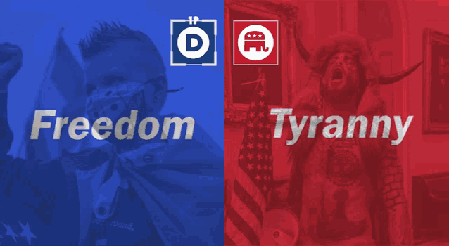 a blue and red background with freedom and tyranny on it