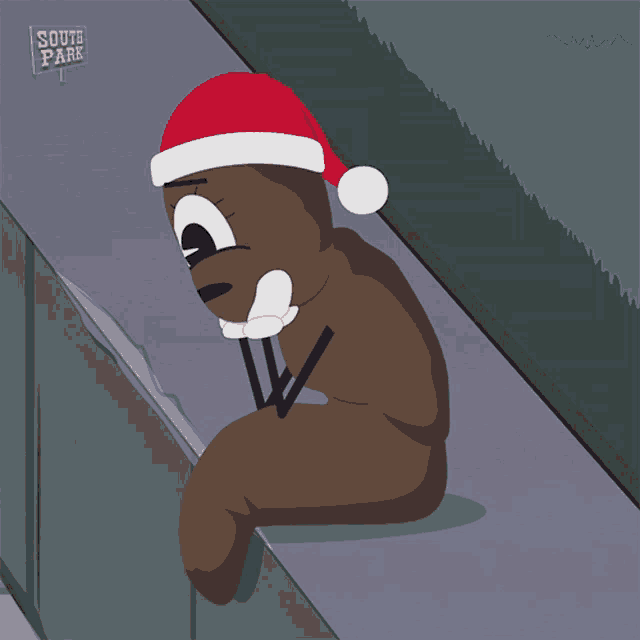 a cartoon of a poop wearing a santa hat and the words wait a minute