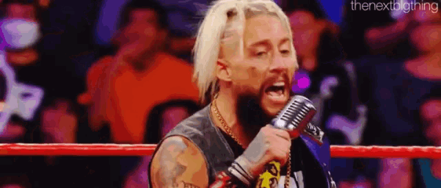 a wrestler is singing into a microphone while standing in a boxing ring .