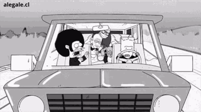 a black and white cartoon of three people in a car with the website alegale.cl visible in the corner
