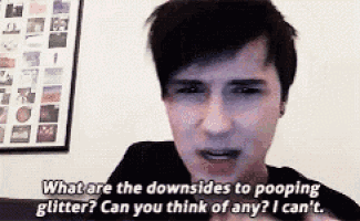 a man is asking what are the downsides to pooping glitter