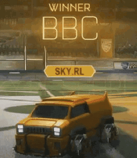 an orange van is driving on a soccer field with the words winner bbc sky.rl above it