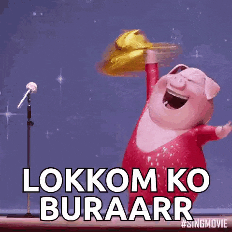 a cartoon pig is singing into a microphone while holding a balloon in front of a microphone .