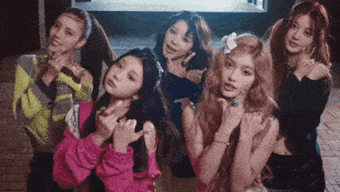 a group of girls are posing for a picture and one girl is wearing a flower in her hair