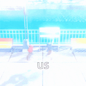 two anime girls are standing next to each other and the word us is on the bottom right