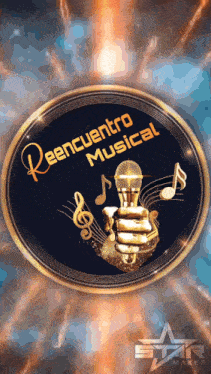 a circle with a hand holding a microphone that says reencuentro musical