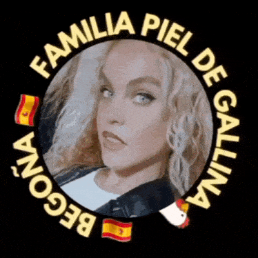 a woman is in a circle with the words familia piel de gallina