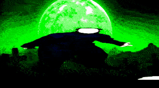 a pixelated image of a person standing in front of a green light