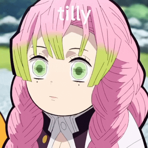 a girl with pink hair and green eyes has the word tilly above her