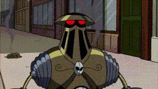 a cartoon of a robot with red eyes and a skull on his chest