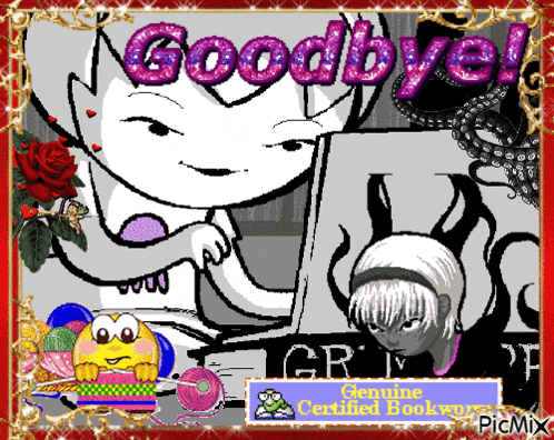 a picture of a cartoon character with the words goodbye written in pink