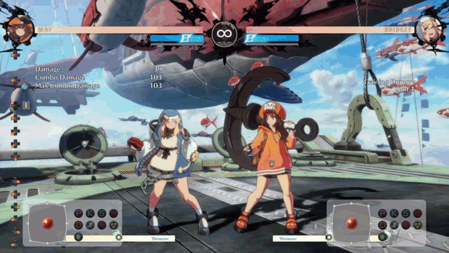 a video game screen shows a girl with 103 damage and 103 max damage