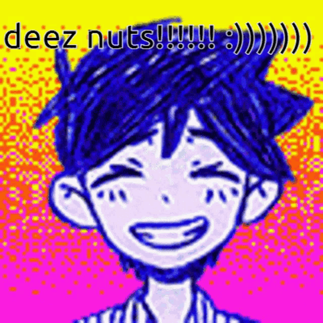 a cartoon of a boy laughing with the words `` deez nuts '' written on it .