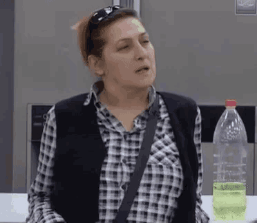 a woman in a plaid shirt and a black vest is standing in front of a refrigerator .