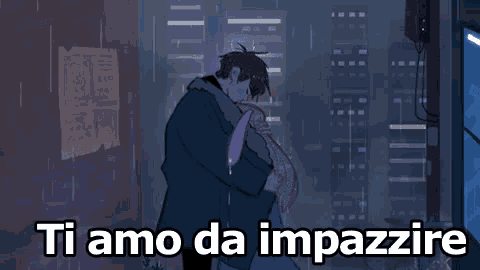 a man and a woman hugging in the rain with the words `` ti amo da impazzire '' above them .