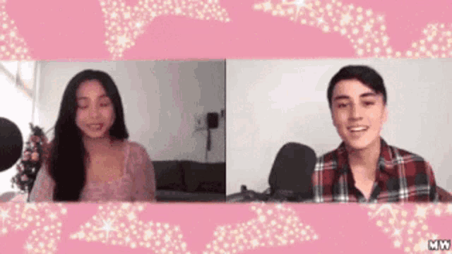 a man and a woman are talking on a video call with a pink background