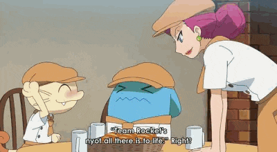a cartoon scene with a sign that says team rocka 's nyot all there is to life right