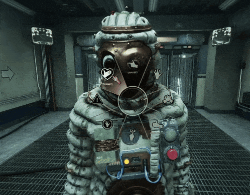 a video game character has many buttons on his face including one that says " thanks "