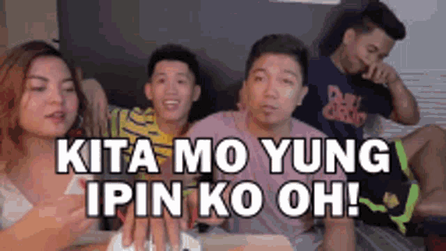 a group of people are sitting on a couch with the words kita mo yung ibin ko oh