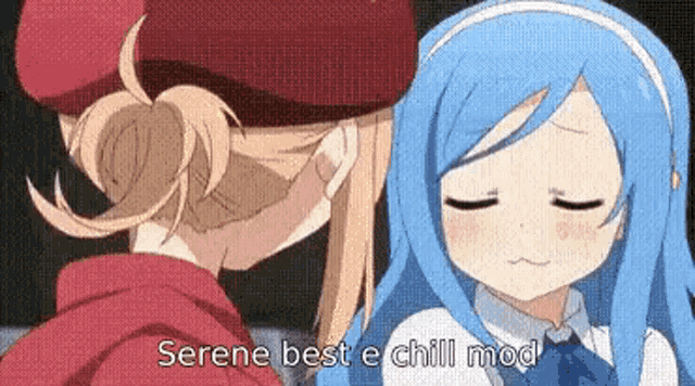 a couple of anime girls are standing next to each other and one of them is holding the other 's ear .