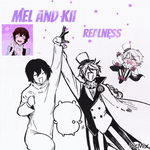 a group of anime characters are standing next to each other with the words " mel and kii realness " on the bottom