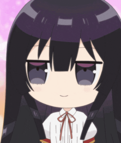 a close up of a girl 's face with black hair and purple eyes
