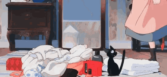 a black cat standing next to a pile of clothes