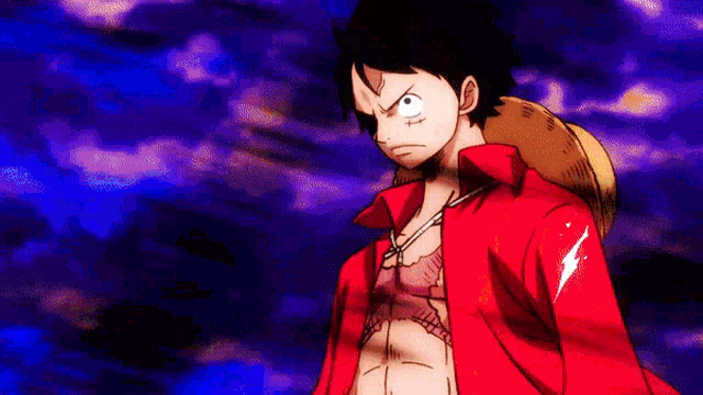 monkey d luffy from one piece is wearing a red jacket and holding a straw hat on his back .