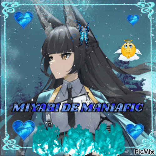 a picture of a girl with the name miyabi de maniac written on it