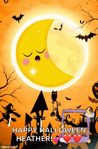 a halloween greeting card with a sleeping crescent moon and the words happy halloween heather