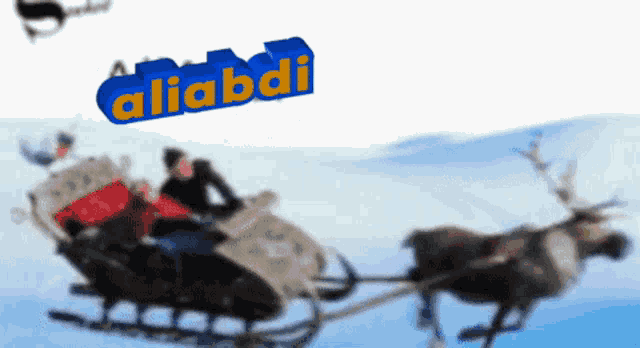 a blurred image of a reindeer pulling a sleigh with the word aliabadi written in blue