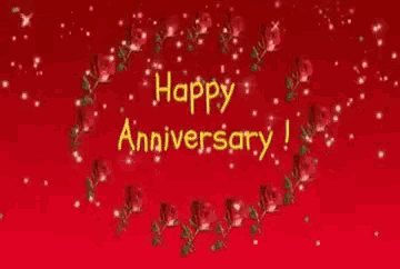 a happy anniversary card with roses and snowflakes on a red background