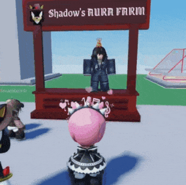 a shadow 's aura farm sign with a man in a suit behind it