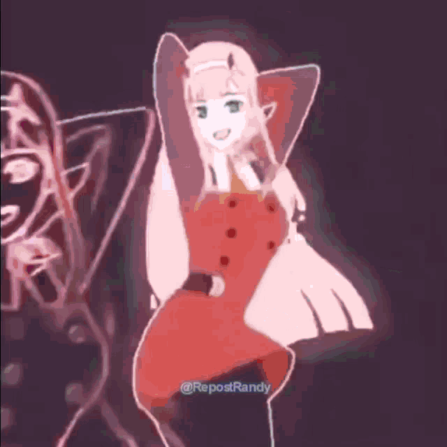 a cartoon of a girl in a red dress is dancing in front of a dark background .