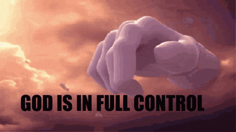 a picture of a hand pointing up with the words god is in full control below it