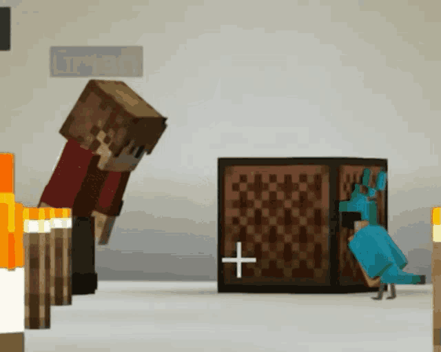 a block with a cross on it is next to a minecraft character