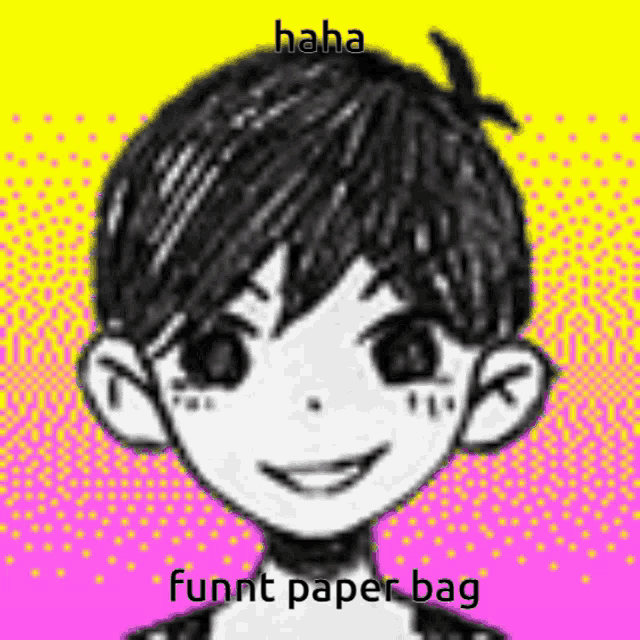 a black and white drawing of a boy with the words `` haha funnt paper bag '' on it .
