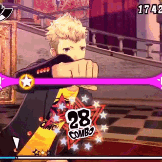 a cartoon character is holding a sword and has 28 combo points