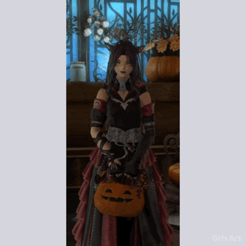 a woman in a black dress is holding a pumpkin
