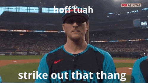 a man wearing a hat with the letter p on it says hoff tuan strike out that thang