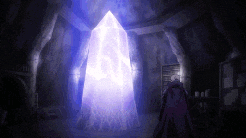a man in a purple cape stands in front of a large glowing object