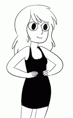 a black and white drawing of a woman wearing a black dress