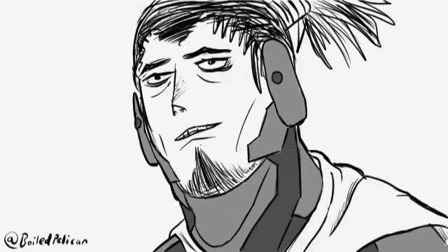 a black and white drawing of a person with the name boiled pelican written on the bottom