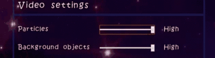 a video settings screen with particles and background objects
