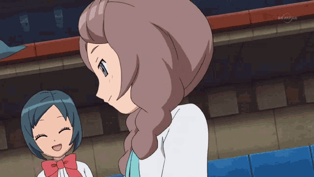 two anime girls are standing next to each other and one of them has a purple eye