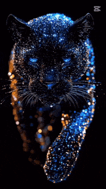 a black panther with blue eyes is surrounded by glowing lights in the dark .
