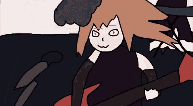 a cartoon drawing of a girl playing a guitar with a microphone in the background