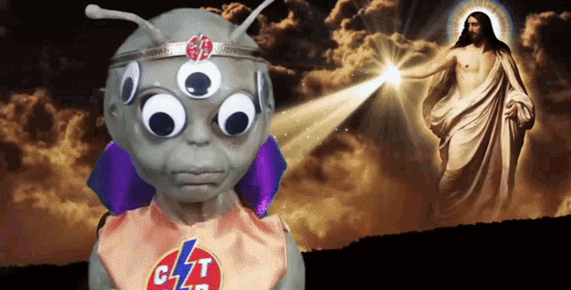 a cartoon character with three eyes and a lightning bolt on his chest is standing in front of jesus