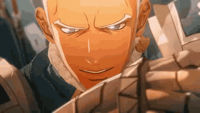 a close up of a man 's face in a video game with a sword in his hand .